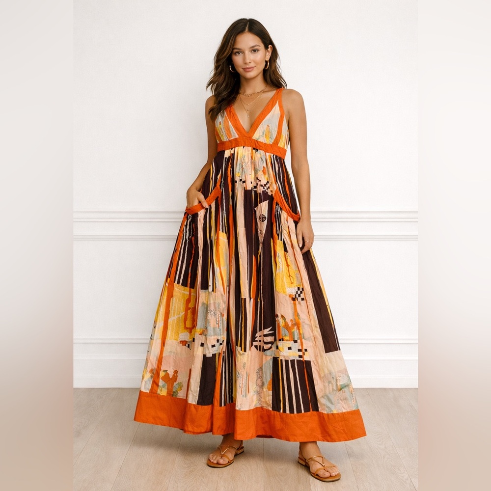 French Connection Vibrant Orange and Multicolor Boho Maxi Dress Sz 2